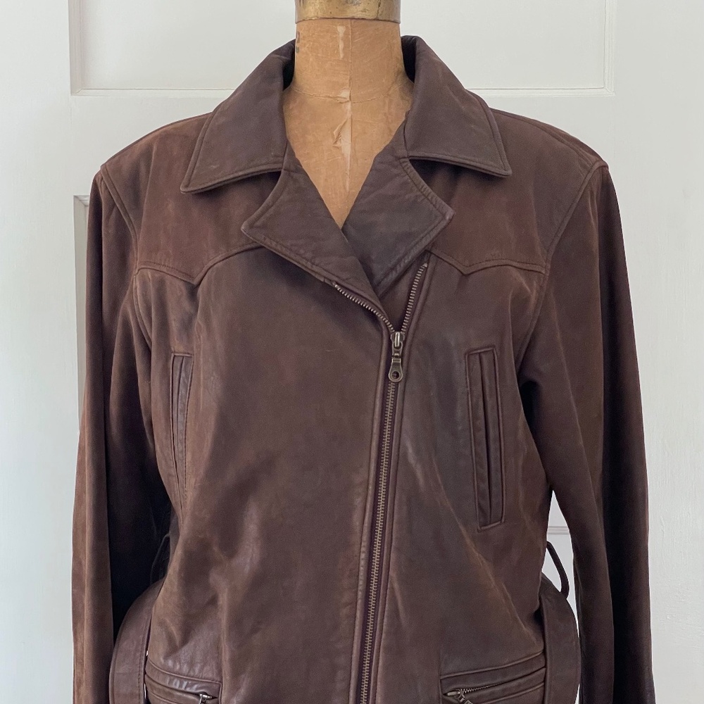 Vintage Brown Belted Leather Jacket | Asymetrial Zipper Closure Medium - Picture 3 of 11